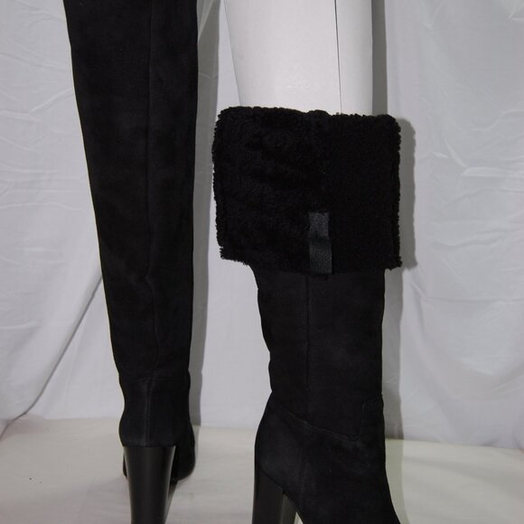 39.5/9.5❤️PRADA Black Slouch Shearling Suede Leather Over Knee High Heels Boots - Picture 6 of 13
